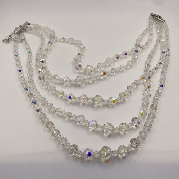 Aurora Borealis AB Five Strand Faceted Crystal Glass Choker Necklace Vintage - Picture 5 of 12